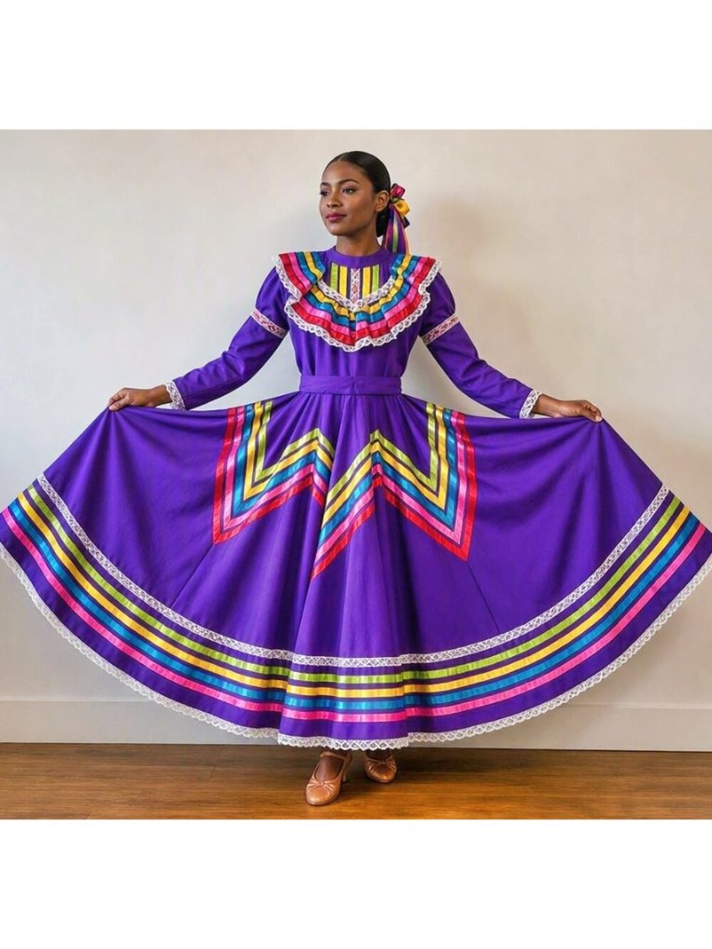 Traditional Mexican Jalisco Folklorico Dress Purple Made in Mexico Medium